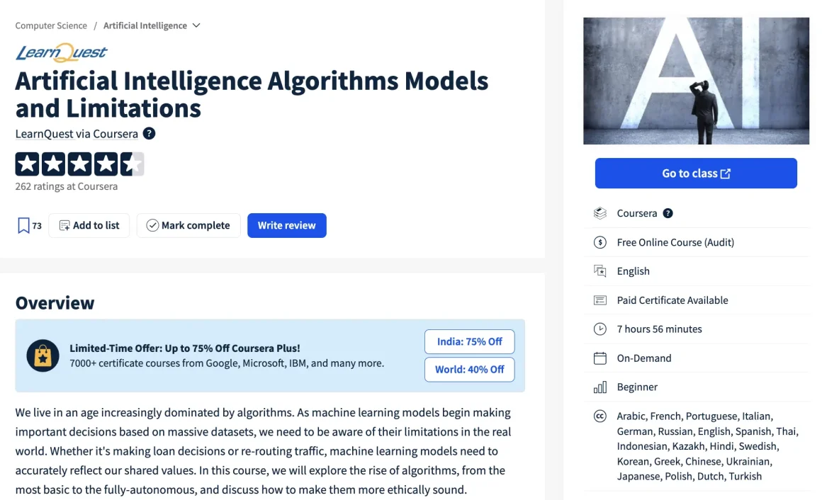 Artificial Intelligence Algorithms Models and Limitations - Free Online Course