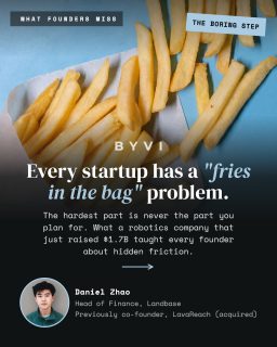 The hardest part of building a startup is never the part you plan for.  Kalanick’s $1.7B robot kitchen can build 300 bowls an hour, until it has to bag them. Then it drops to 200. A floppy plastic bag beats a machine that weighs food to the gram.  That’s the “fries in the bag” problem: the boring step you already handed off, assuming it would sort itself out. It’s usually the one that costs you.  Daniel Zhao (Head of Finance at Landbase, previously co-founder of LavaReach) on the friction nobody puts on a slide.  Link in our bio to the full article.  #scalingstartups #traviskalanick #startupadvice #robotics #foundermindset