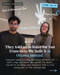 They told them to leave for San Francisco.  They built it in Ottawa instead.  Builders Collective started because a group of students kept watching sharp people get told the same thing: the opportunity is somewhere else. So instead of asking where to move, they asked why they couldn’t just build the community they wanted, right where they already were.  Now it’s students shipping real products. An AI resume builder. A webring linking Ottawa’s builders. A farm robot with $225K in letters of intent.  The advice isn’t wrong. 57% of U.S. venture dollars went to the Bay Area in 2024. Geography matters.  But there’s a difference between “SF might be the best place to scale this” and “you can’t start until you’re in SF.” One is a strategy. The other keeps you in planning for years.  Builders Collective proves that you don’t need an ecosystem’s permission to start. You can just build the ecosystem around you.  Full story on byvi, link in bio  #ottawatech #buildinpublic #studentfounders #startupcanada #builderscollective