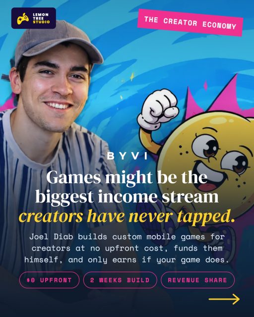 Joel spent $1,000 to make $2.50, then built a studio around the lesson.  Now Joel Diab makes custom games for content creators at no upfront cost, funding each one himself and earning only if it does.  It points to something most creators are sitting on and few have used: games may be the most lucrative channel in the creator economy, and it is still wide open.  Full story on BYVI, link in bio.  #creatoreconomy #gamesforcreators #creatortips #mobilegames #customgames