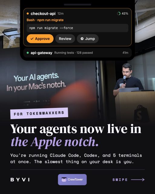 If you run more than one AI coding agent at a time, this is for you.  When you’ve got Claude Code, Codex, and a few terminals all going at once, the hard part isn’t the code. It’s keeping track of which agent needs you.  One is waiting for you to approve a command. One wants you to check its plan. One finished 10 minutes ago and you didn’t notice. So you spend your day clicking between windows just to see what’s happening.  CrewTower fixes that. It’s a Mac app that shows all your agents in one small bar at the top of your screen (the Apple notch).  From there you can:  1. Approve or deny a command without switching apps  2. Review an agent’s plan before it writes any code  3. See how much usage you have left before you hit a limit  4. Jump straight to the session that needs you  Everything stays on your Mac, nothing gets uploaded.  For the full review follow the link in our bio.  #tokenmaxxing #claudecode #codex #vibecoding #devtools