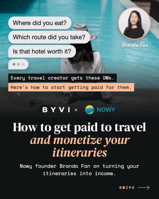 Want to get paid to travel? Start with your DMs you already answer for free.  Your DMs are proof of demand. Every “where did you eat?” or “is that hotel worth it?” is someone asking you to plan their trip. If you answer them one by one, you’re doing a travel agent’s job for free.  Here’s how to monetize your travel content instead:  1. Count your free planning DMs. 54% of travelers like to plan big trips 3 to 6 months ahead, so the questions keep coming long after your post goes quiet.  2. Run an ROI test on your tools. A $29/month storefront adds up to $348 a year, and 68% of part-time creators earn under $1,000 a year from their content. Keep only what pays you back.  3. Skip static PDF travel guides. When a restaurant closes, you can’t update the copies you’ve sold, and buyers lose trust. A digital travel guide on a map lets you fix it once for everyone.  4. Make your itineraries bookable. 73% of travelers say influencer recommendations have influenced a booking. Viator pays affiliates 8%, so a $200 food tour booked through your link earns you $16.  5. Own your audience. Instagram accounts with 10K to 50K followers reach about 5.5% of them per post. Email open rates average close to 40%.  NOWY brings this together: it turns your Instagram posts into a bookable travel map in minutes.  Your last trip can help pay for your next one.  Full guide by @nowy.travel on byvi, link in our bio.  #travelcreator #travelcontentcreator #monetizetravel #travelitinerary #creatoreconomy