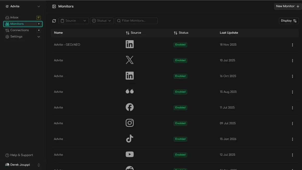 A dark software dashboard showing a list of monitors with columns for Name, Source, Status, and Last Update. Left sidebar includes menu items like Inbox, Monitors, Connections, and Settings, with the current Monitor tab highlighted.