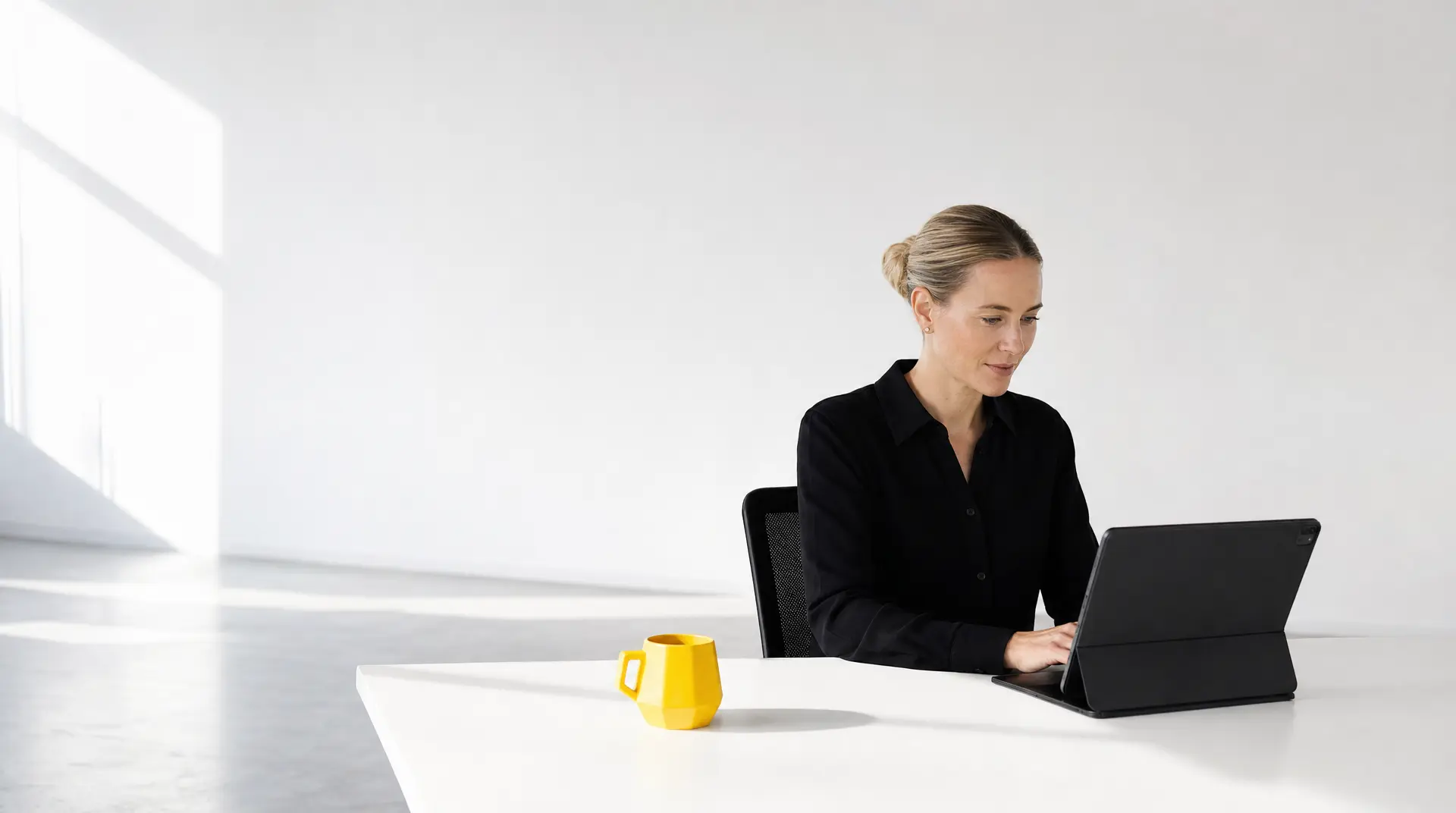 Entrepreneur in a black shirt works at a laptop in a bright office, reflecting work life blending.