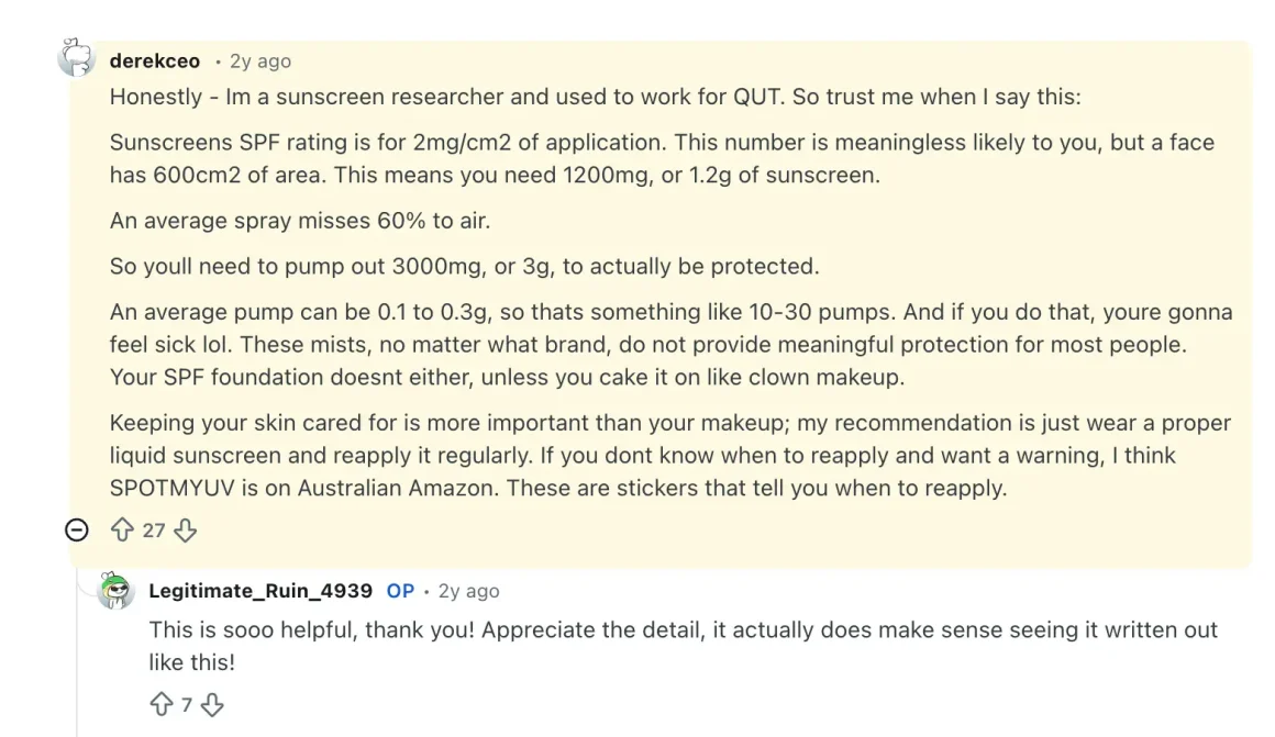A pale yellow social media post with a long block of text discussing sunscreen SPF, application amounts, and misinformation, shown within a mobile app interface.