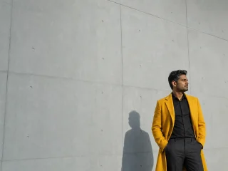Entrepreneurial mindset on display as a person in a bright yellow blazer stands beside a concrete wall, looking left with a shadow cast behind.