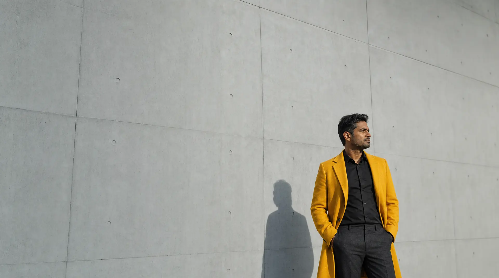 Entrepreneurial mindset on display as a person in a bright yellow blazer stands beside a concrete wall, looking left with a shadow cast behind.