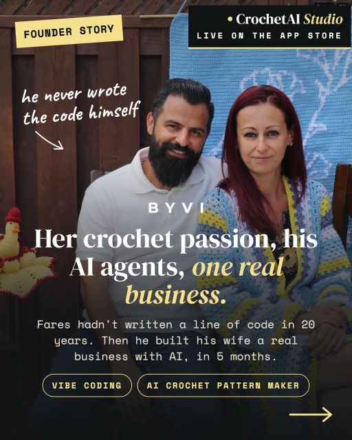 Fares hadn’t touched code in 20 years. Then he turned his wife’s crochet hobby into a real business with AI, and shipped it in 5 months without quitting his day job.  The lesson underneath the yarn is bigger than one app: the wall that used to stand between a good idea and a real product is gone. What’s left is finding a problem worth solving, and caring enough to solve it well.  Full story on BYVI (link in bio)  #vibecoding #agenticbuilders #startupstories #crochetpattern #crochetapp