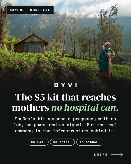 In 2023, 260,000 women died from pregnancy or childbirth. That’s one every 2 minutes, and most of those deaths are preventable with screening that already exists.  Laila Mahmoudi and Ariadna Lozano Sanchez built DayOne at Montréal’s Coopérathon on a simple belief: the tools to save mothers already exist. Getting them to the women who need them is the hard part.  The kit gets them through the door. The company is everything behind it: training, workflows, referral logic, and a data layer that grows with every screening.  Founders, the lesson: find your $5 kit, then build the system behind it.  Full story on byvi.co. Link in bio.  #startupstories #healthtech #maternalhealth #womeninspiringwomen #montrealstartup