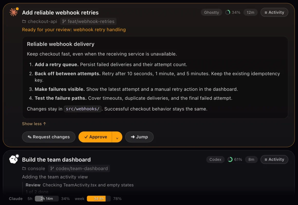 A plan-review card in the notch with Approve and Feedback actions