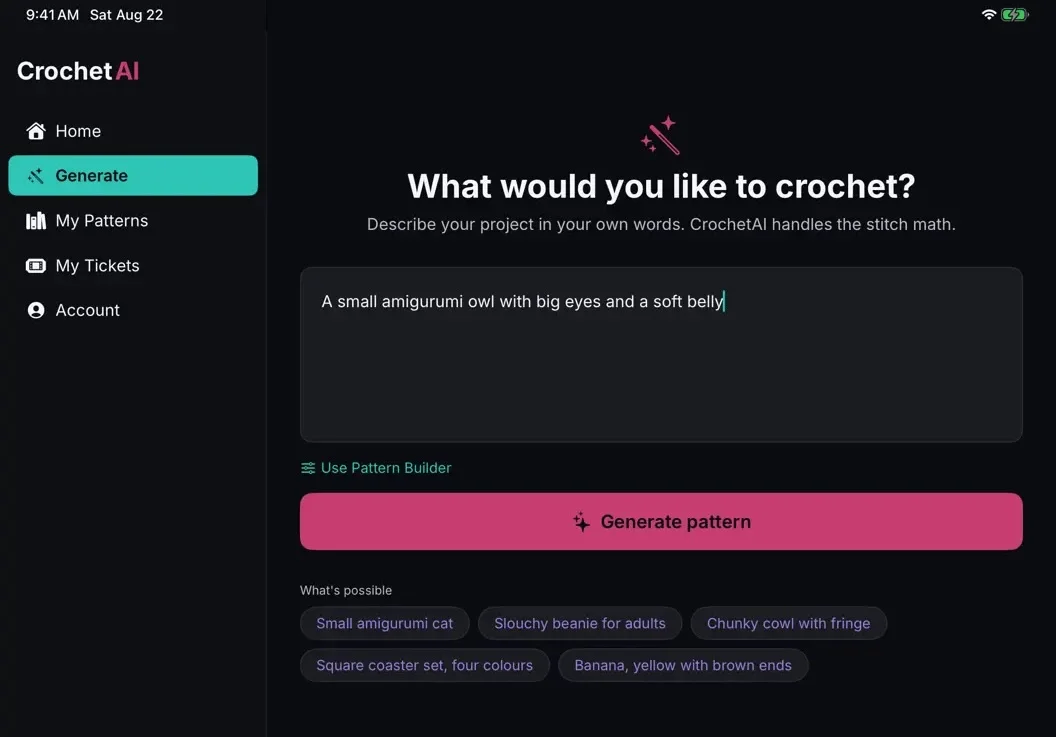 CrochetAI Studio Pattern Generator App Screenshot